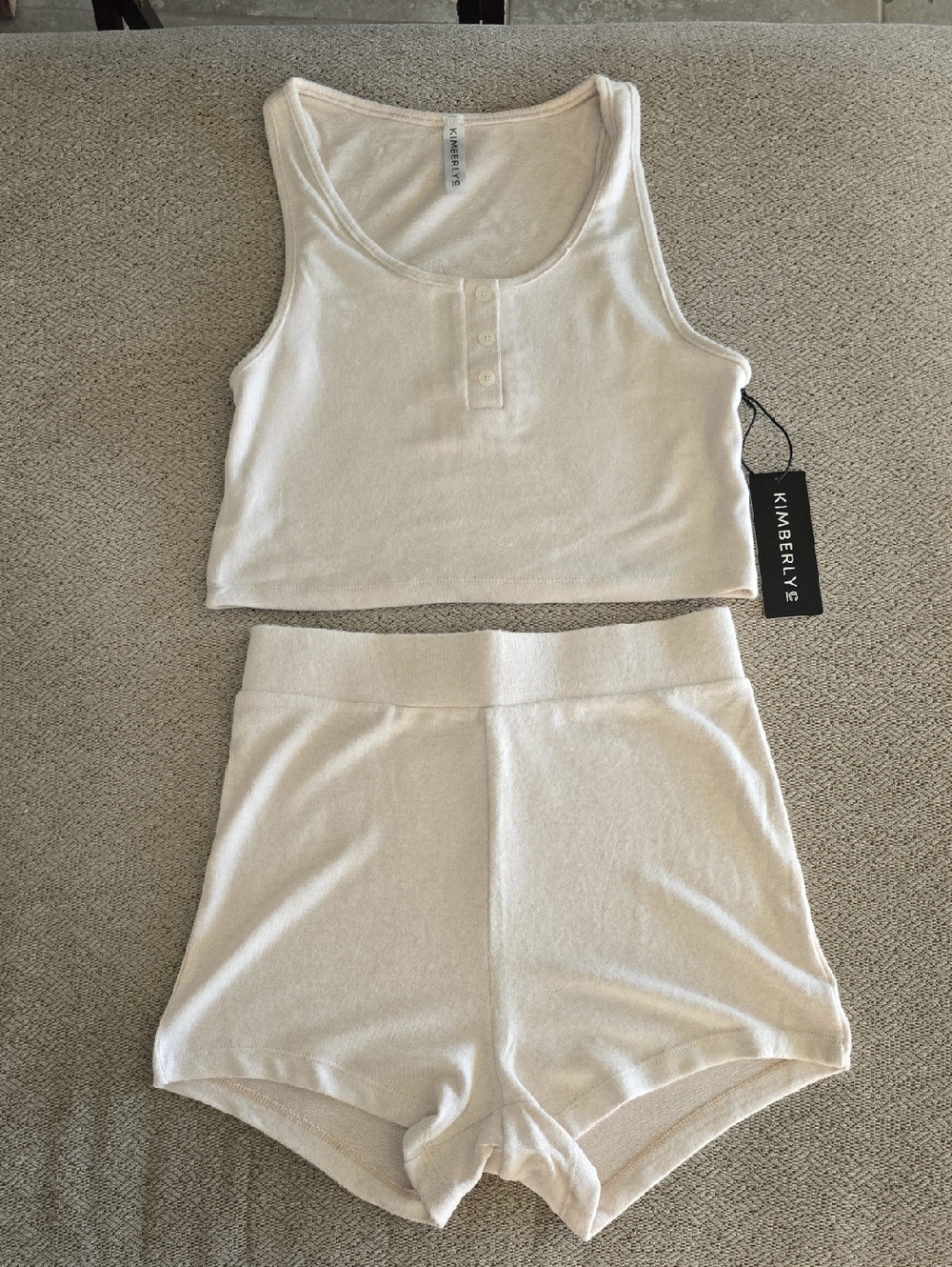 Kimberly C Beige Two Piece Crop Tank Sleepwear Lounge Short Set - Medium